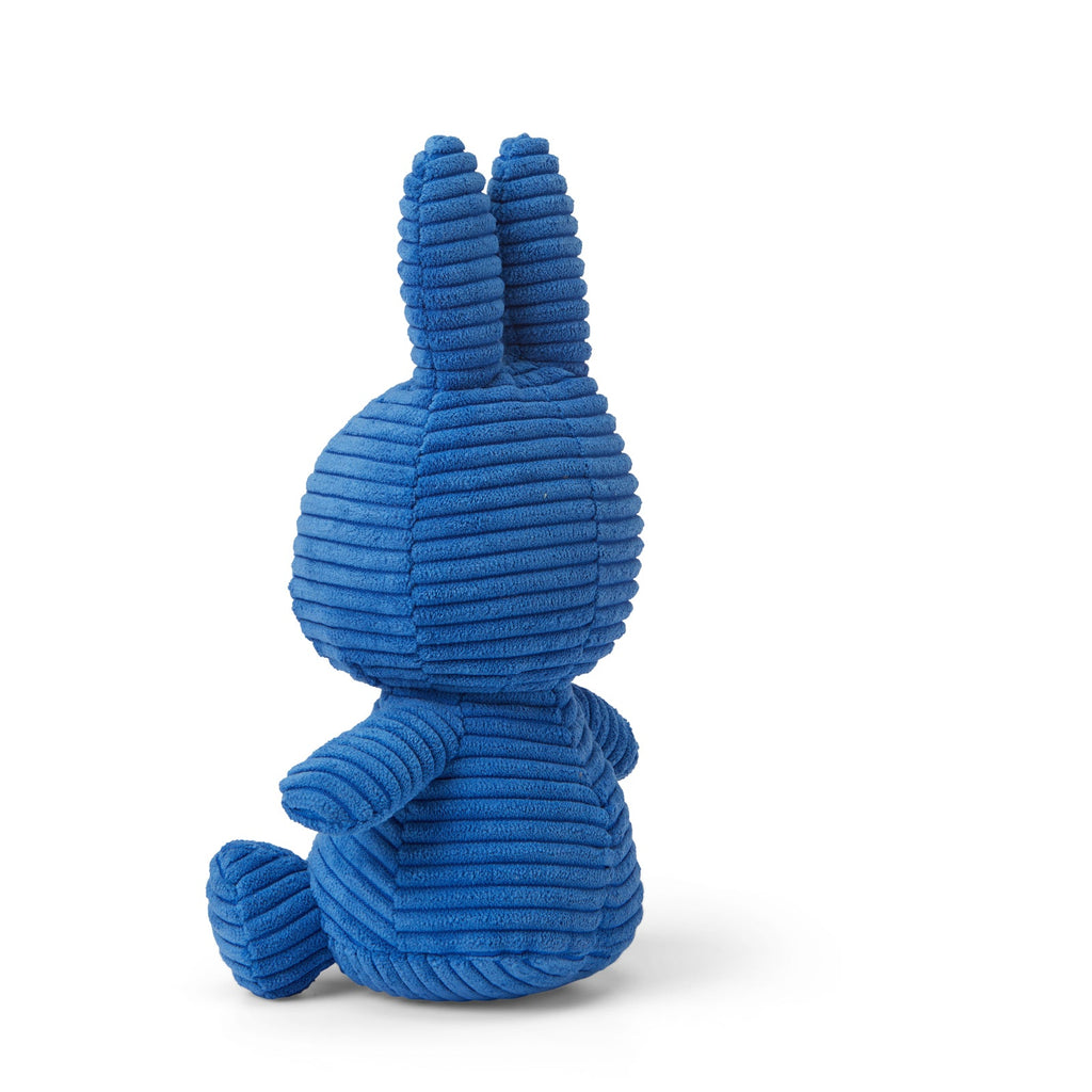Kobalt Blue Miffy Plush made from 100% recycled corduroy polyester. Soft, snuggly, and perfect for cuddles, measuring 23cm tall. 