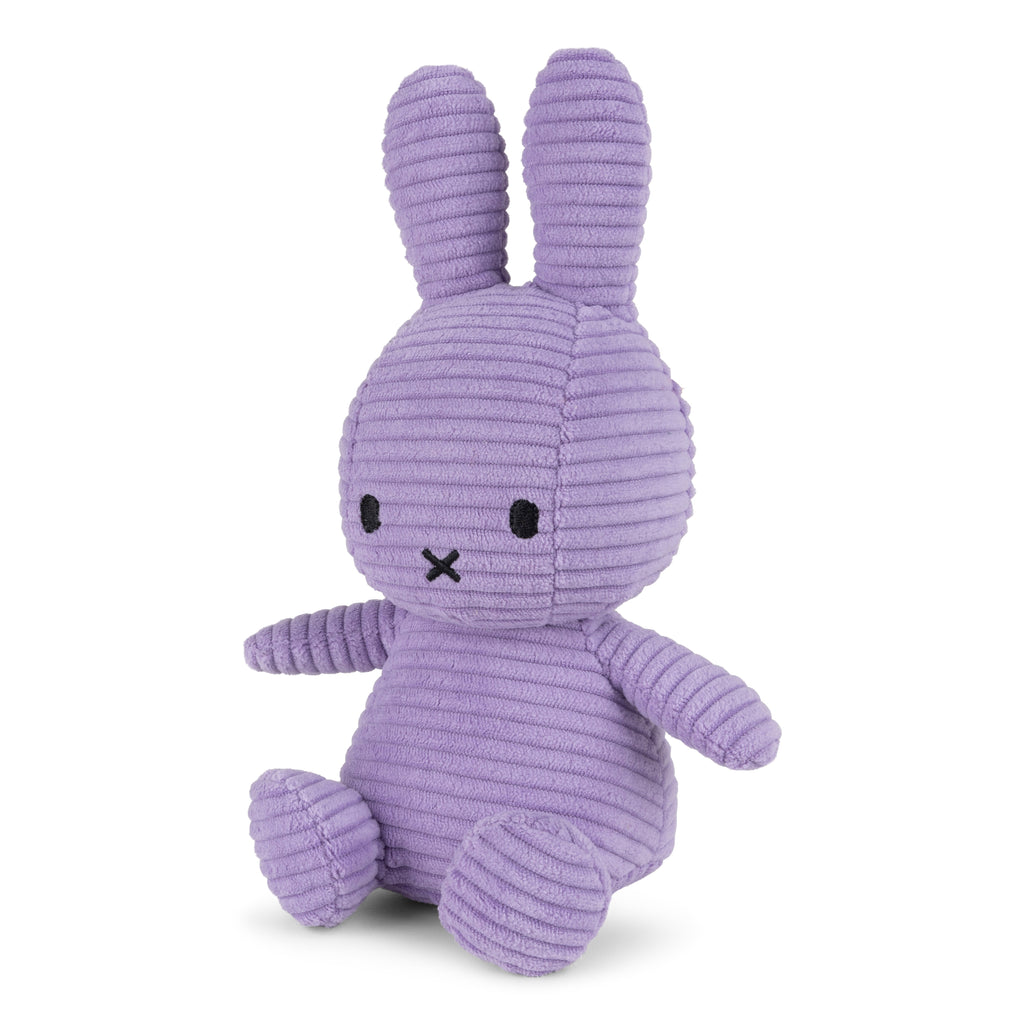 Lilac Miffy Plush made from 100% recycled corduroy polyester. Soft, snuggly, and perfect for cuddles, measuring 23cm tall. 