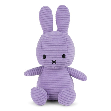 Lilac Miffy Plush made from 100% recycled corduroy polyester. Soft, snuggly, and perfect for cuddles, measuring 23cm tall. 