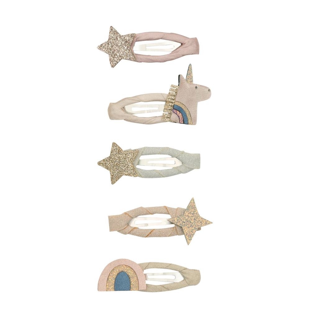 Set of five Mimi & Lula Celeste Mini Clic Clacs featuring glitter star, unicorn, and rainbow designs in soft pastel colors.