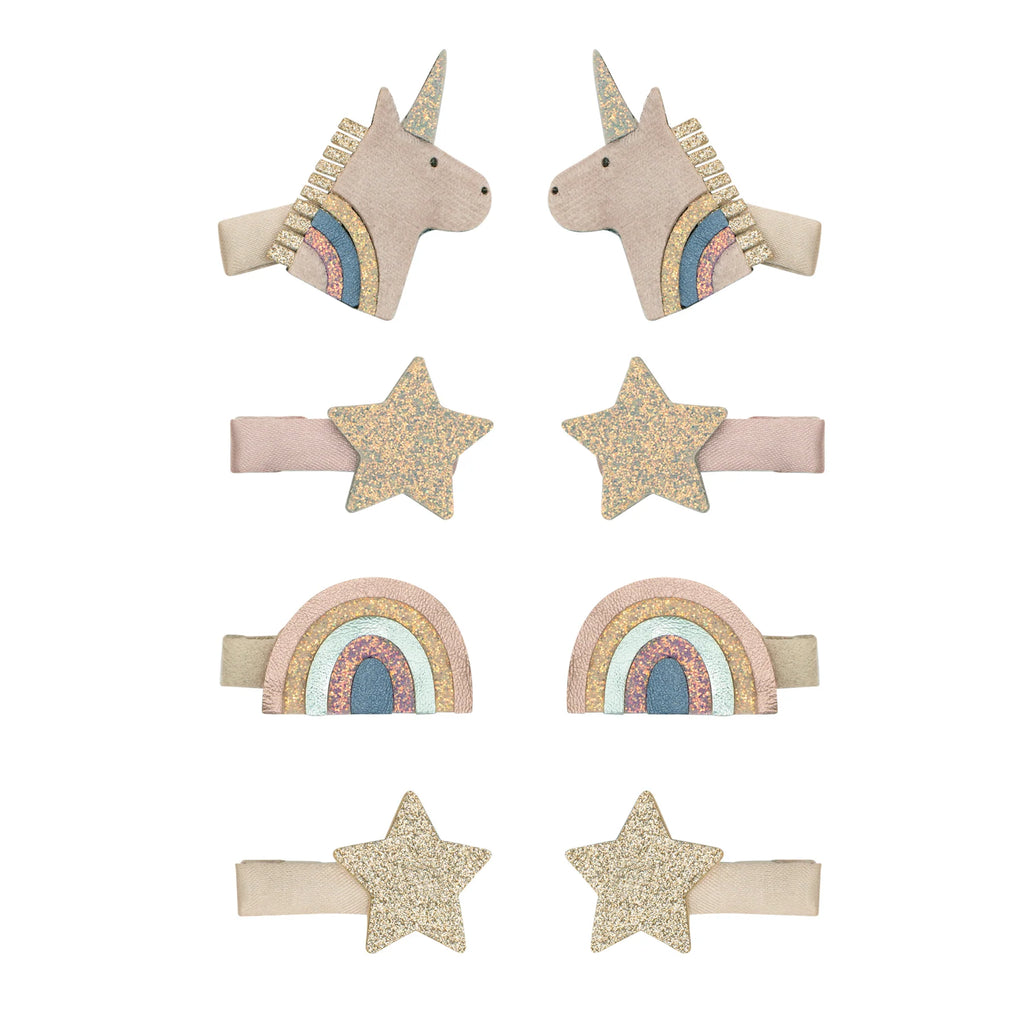 Mimi & Lula Celeste Mini Clips set featuring unicorn, star, and rainbow hair clips in pastel glitter tones.