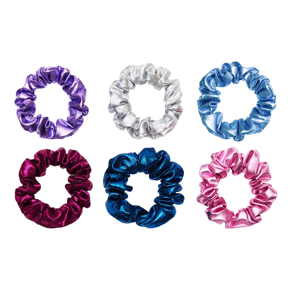 Six metallic Mimi & Lula Dancing Queen Scrunchies in pink, blue, purple, silver, and burgundy shades on a white background.