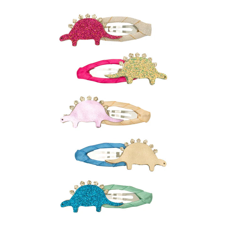Colorful glitter dinosaur hair clips for kids – cute stegosaurus hair accessories with sparkly metallic fabric, perfect for girls who love dinos.