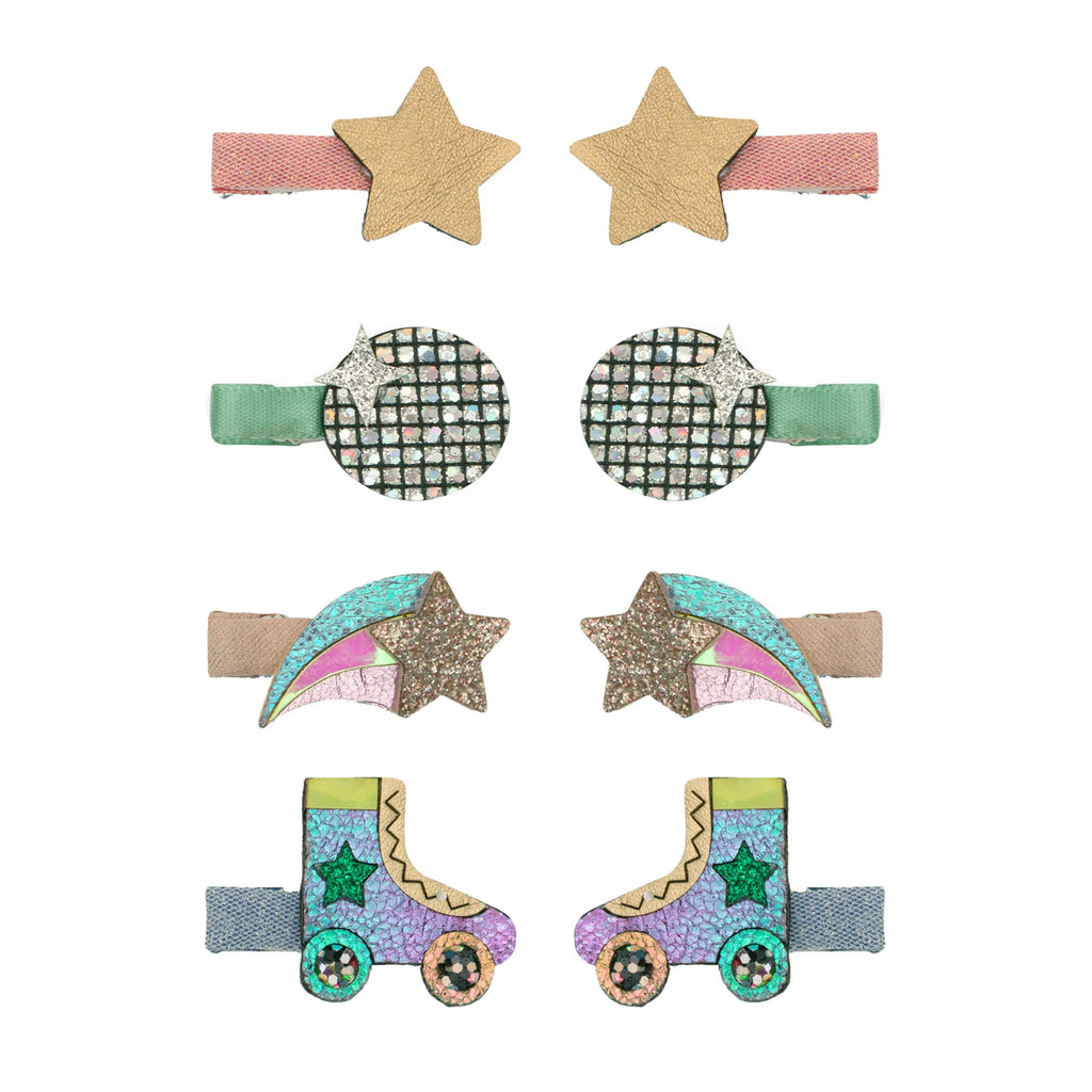 Set of eight Mimi & Lula Disco Diva Clips featuring glitter stars, disco balls, shooting stars, and roller skate designs in pastel colours.