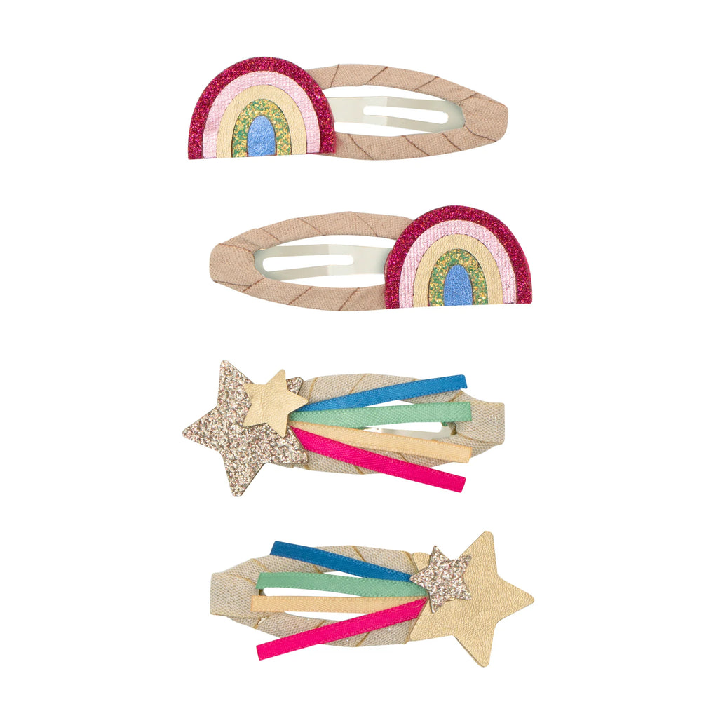 Set of four Mimi & Lula Disco O’Bow Clips featuring rainbow and glittery shooting star designs in colorful pastel tones.