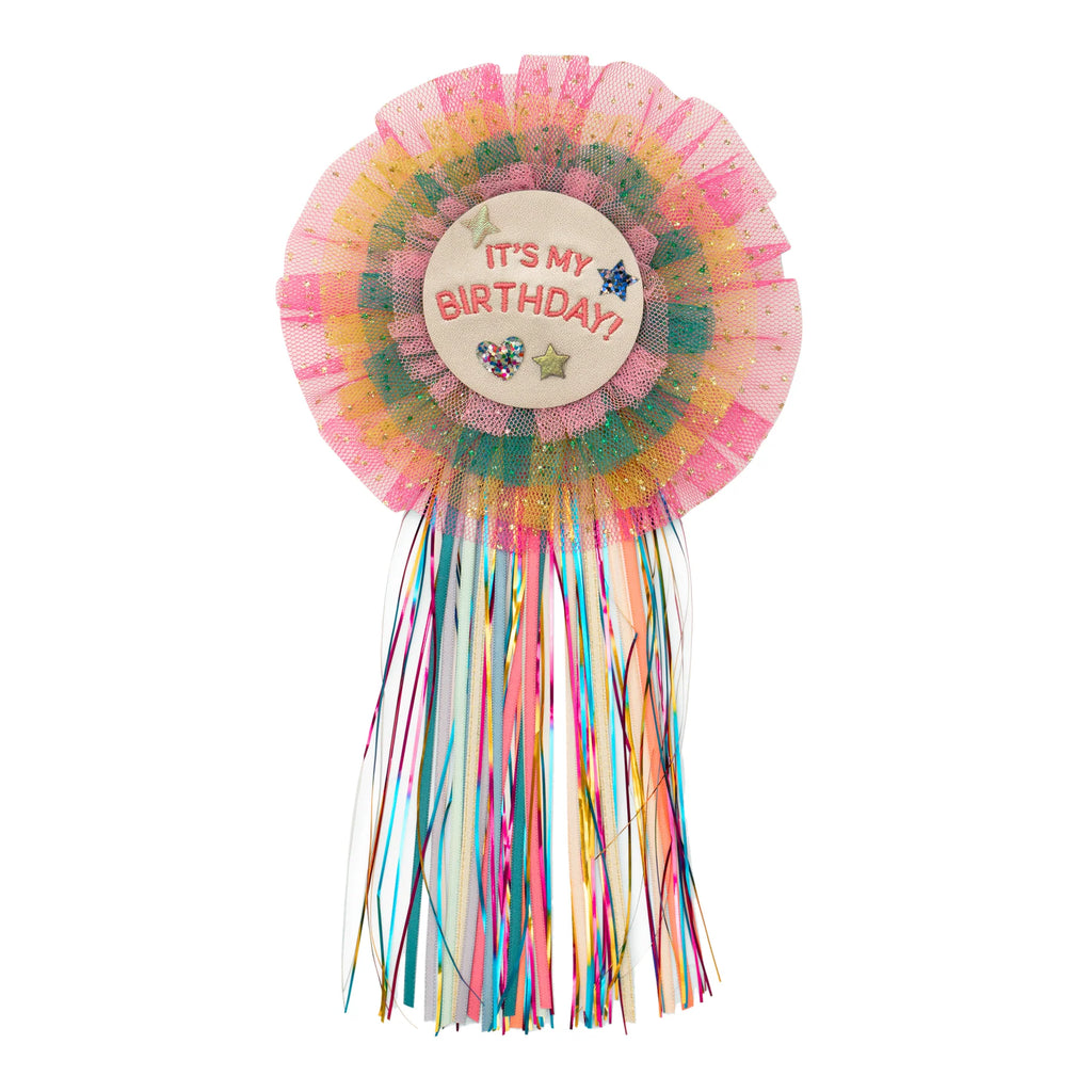 Colorful “It’s My Birthday” rosette badge for girls – rainbow tulle and ribbon birthday accessory by Mimi & Lula