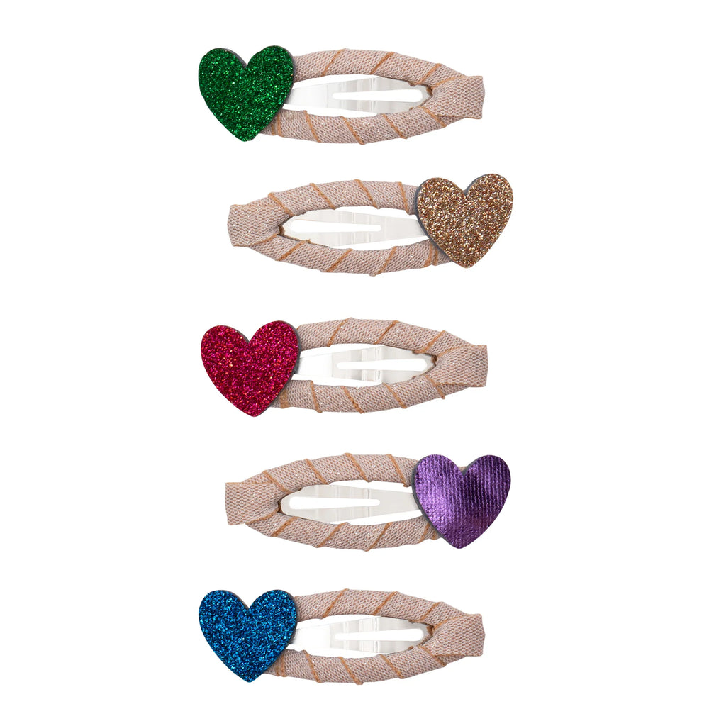 Set of five glitter heart hair clips in red, blue, green, gold, and purple – sparkly kids hair accessories for stylish everyday looks.