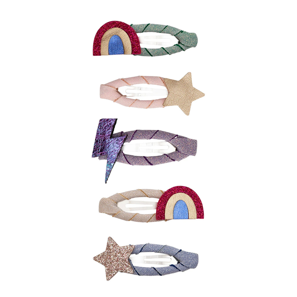 Set of five Mimi & Lula Rainbow Mini Clic Clacs featuring glitter stars, rainbows, and lightning bolts in pastel colours.