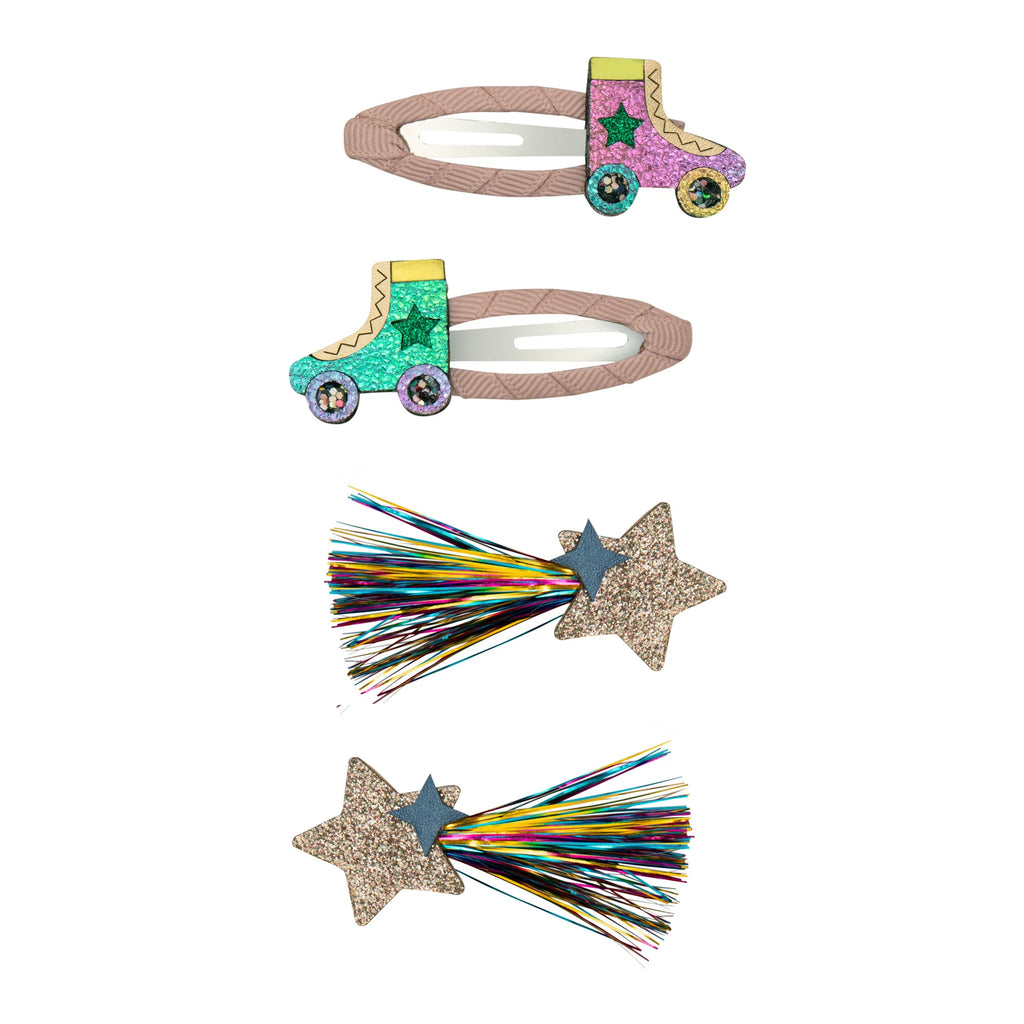 Set of Mimi & Lula glitter rollerskate and rainbow star hair clips on pastel snap grips.