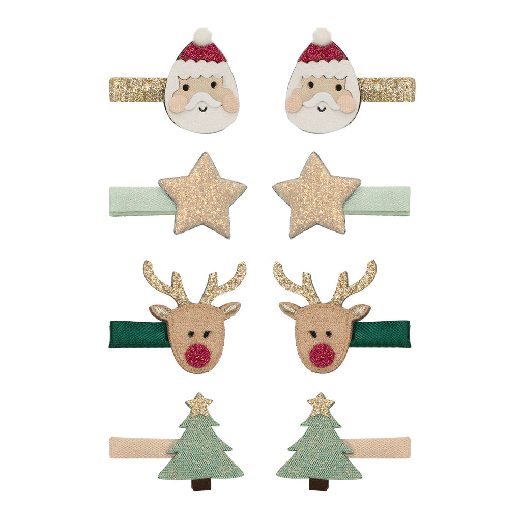 Set of six Mimi & Lula Santa & Rudolph hair clips with stars, trees, and reindeer on glittery snap clips.