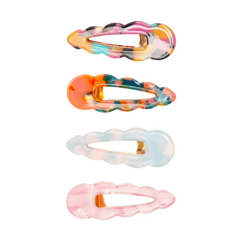 Set of four colorful resin hair clips with scalloped edges in pink, blue, orange, and multicolor designs.