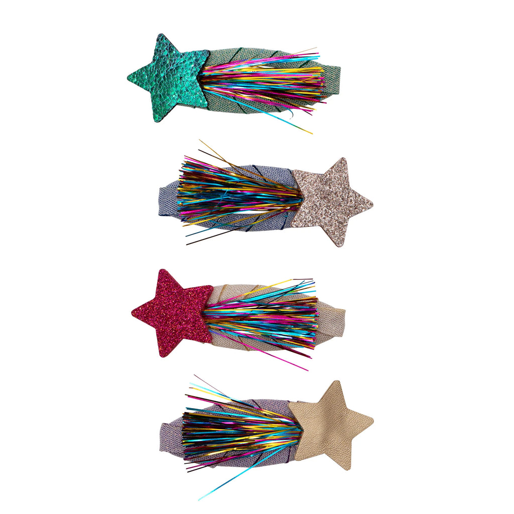 Set of four Mimi & Lula Tinsel Star Clic Clac hair clips with glitter stars and rainbow tinsel on a white background.
