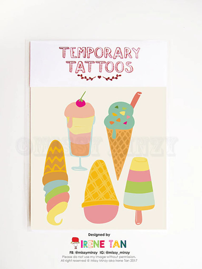 Flat lay of Missy Minzy temporary tattoos featuring colourful ice cream and icy pole illustrations on a cream background.