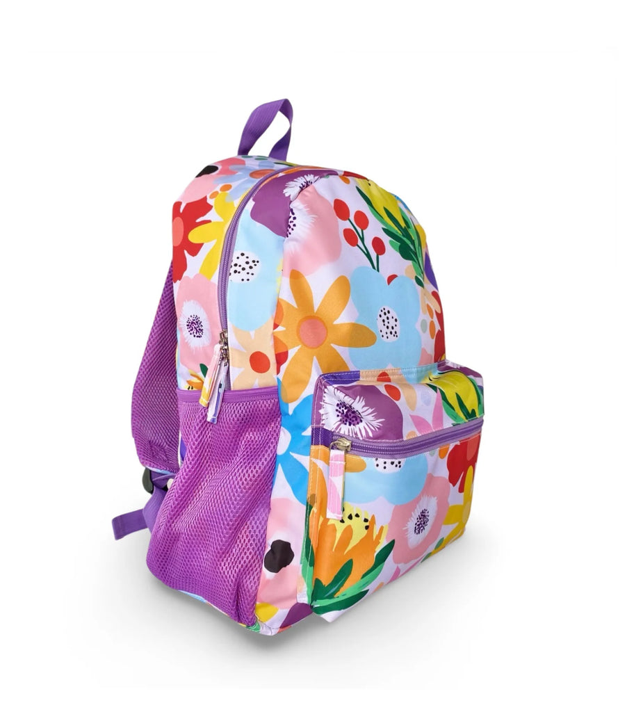 Kids backpack with a bright floral design, featuring colorful flowers and purple accents. The Morgy and Wills 'In Full Bloom' backpack offers a spacious main compartment, drink holders, padded straps, and durable, easy-clean polyester. Perfect for school or adventures.