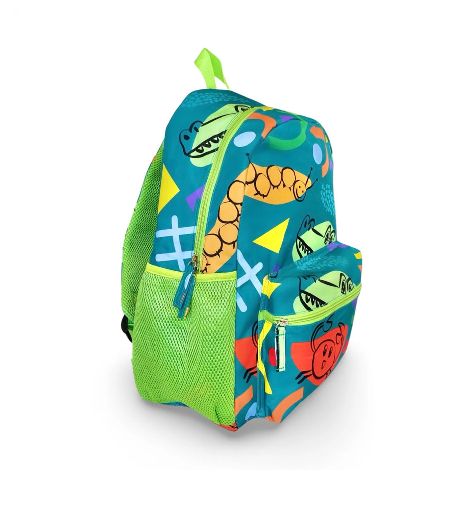 Kids backpack with vibrant crocodile and geometric patterns. The Morgy and Wills 'In a While Crocodile' design features a roomy main compartment, drink holders, padded straps, and durable, easy-clean polyester. Perfect for school or adventures.