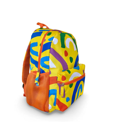 Kids backpack with a bold yellow and colorful design featuring abstract shapes. The Morgy and Wills 'Somewhere Over The Rainbow' backpack includes a roomy main compartment, drink holders, padded straps, and durable, easy-clean polyester. Perfect for school or adventures.