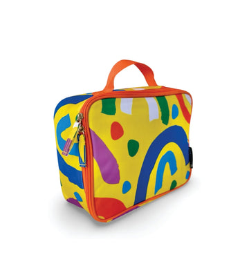 Morgy and Wills "Somewhere Over The Rainbow" insulated kids' lunch bag with waterproof interior, mesh pocket, and easy-to-clean material.