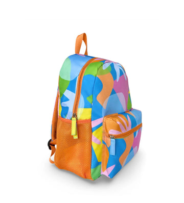 Kids backpack with a bold and colorful design featuring abstract shapes, stars, and handprints. The Morgy and Wills 'Ship Shape' backpack includes a roomy main compartment, drink holders, padded straps, and durable, easy-clean polyester. Perfect for school or adventures.