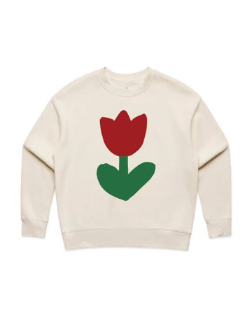 Flat lay of the Mosey Me Women’s Tulip Sweater in Ecru featuring a bold red tulip with deep green leaves printed on a cream-toned organic cotton blend crewneck.