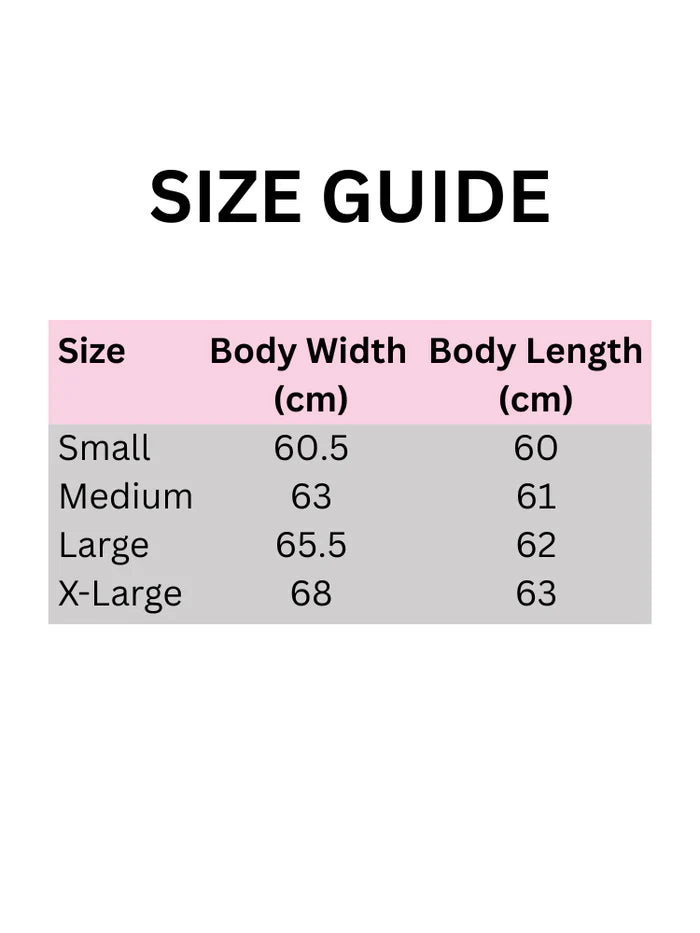 Size guide chart for the Mosey Me Tulip Sweaters, showing detailed garment measurements from sizes Small to XL in centimetres.