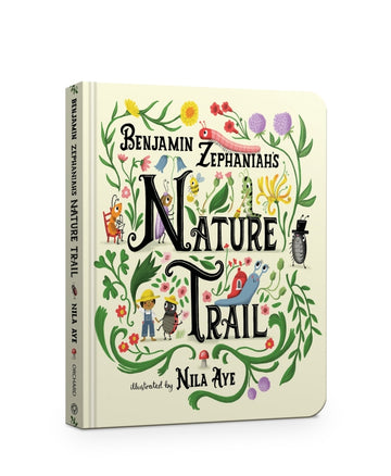 Front cover of Nature Trail by Benjamin Zephaniah, illustrated with a lush garden scene featuring colourful flowers, insects, and animals, with playful typography winding through the greenery.