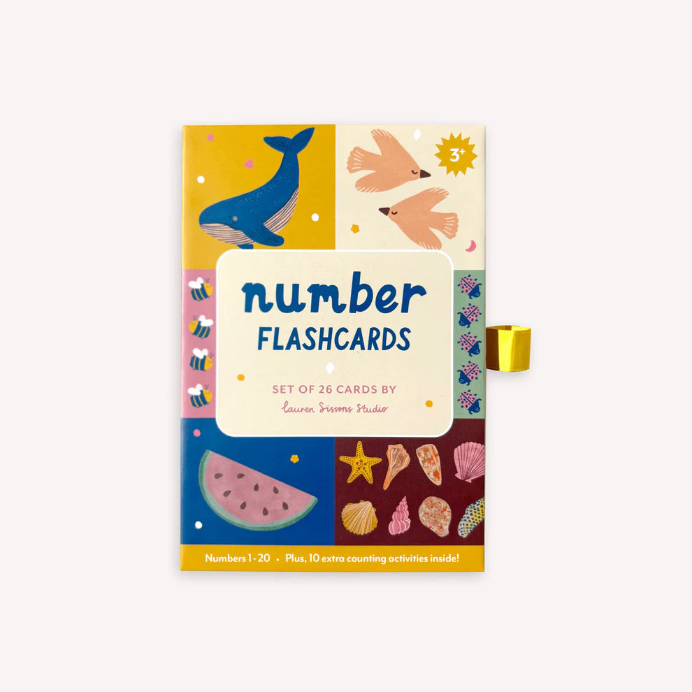 Number flashcards set for kids, featuring colorful numbers, nature-inspired illustrations, interactive counting prompts, and positive affirmations. Includes 26 double-sided laminated cards with rounded corners, perfect for ages 3+.