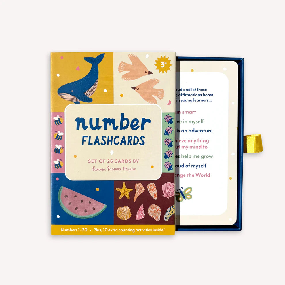 Number flashcards set for kids, featuring colorful numbers, nature-inspired illustrations, interactive counting prompts, and positive affirmations. Includes 26 double-sided laminated cards with rounded corners, perfect for ages 3+.