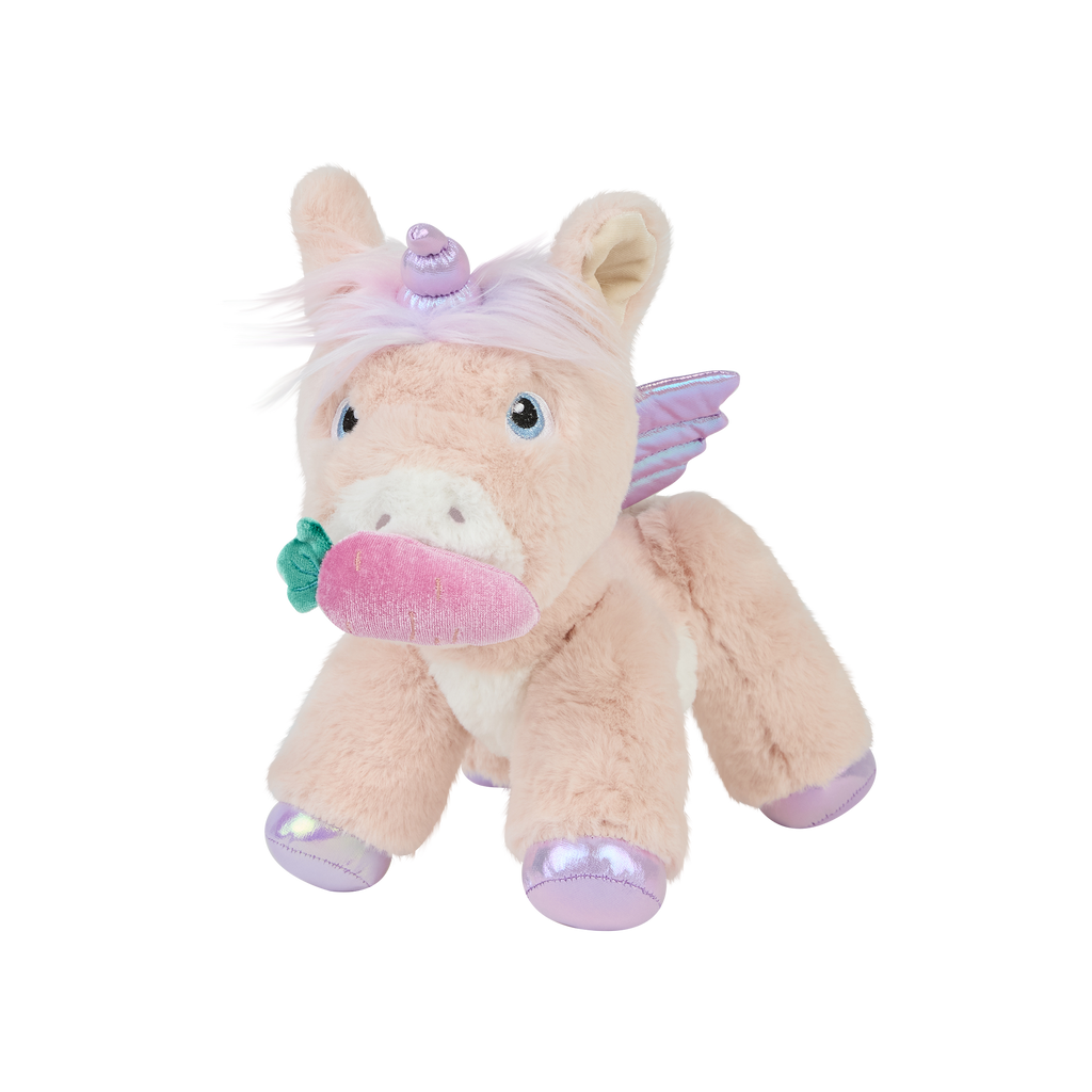 Shimmer plush unicorn with magnetic carrot accessory – Unicorn posed playfully with a removable plush carrot held in its magnetic mouth.