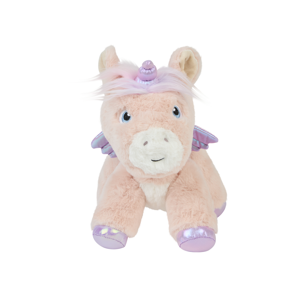 Shimmer unicorn plush toy facing forward – Pink unicorn with sparkling blue eyes, lavender horn, and embroidered details.