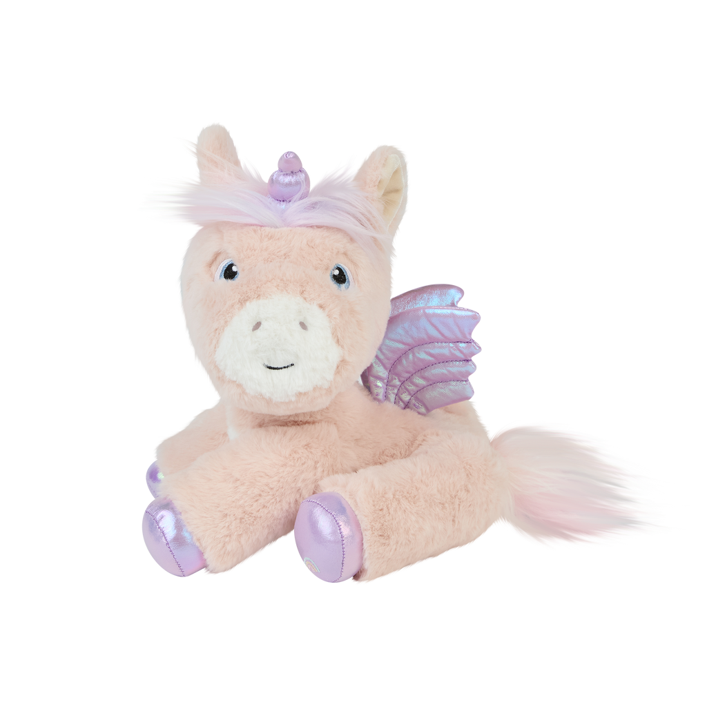 Side view of Shimmer unicorn plush – Posable pink unicorn with shimmering purple wings, white muzzle, and flowing rainbow mane and tail.