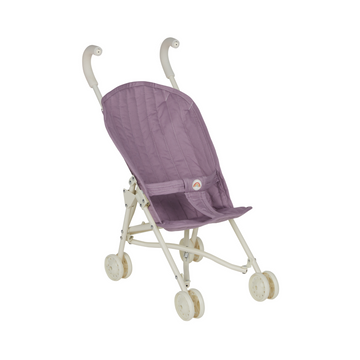 Front view of Olli Ella Sollie Stroller Lavender – Lightweight lavender doll stroller with quilted cotton seat and foldable metal frame.