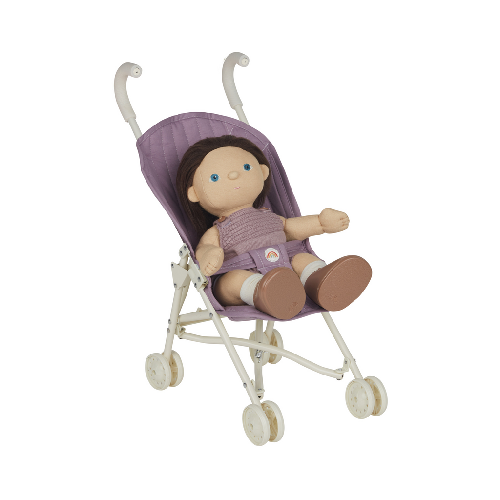Dinkum Doll seated in Sollie Stroller Lavender – Plush doll in lavender stroller, showing functionality for imaginative play.
