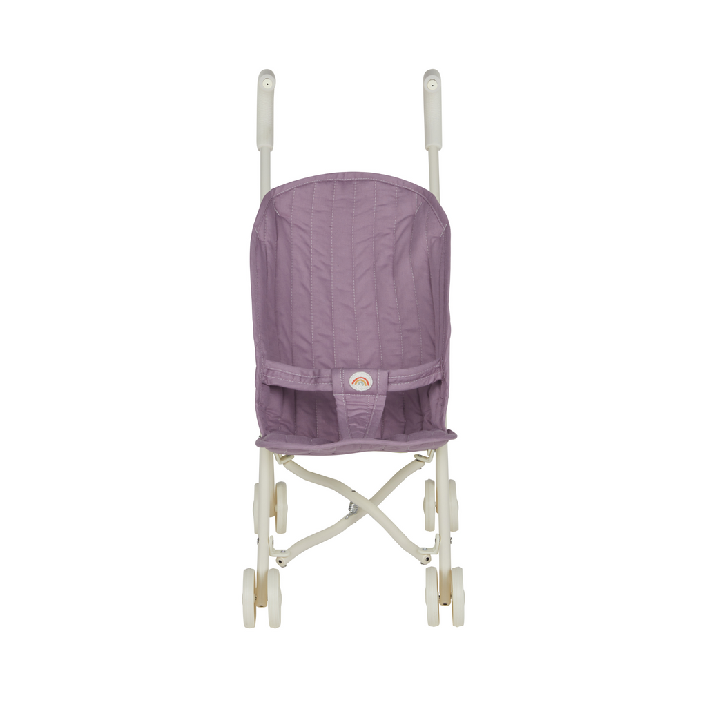 Front view of Olli Ella Sollie Stroller Lavender – Lightweight lavender doll stroller with quilted cotton seat and foldable metal frame.