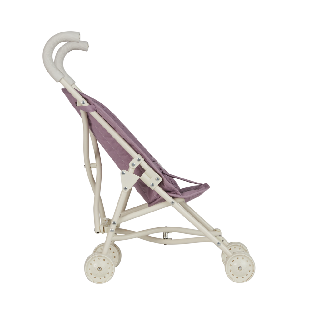 Side profile of Olli Ella Sollie Stroller Lavender – Compact stroller with safety latch, lavender quilted seat, and sturdy wheels.