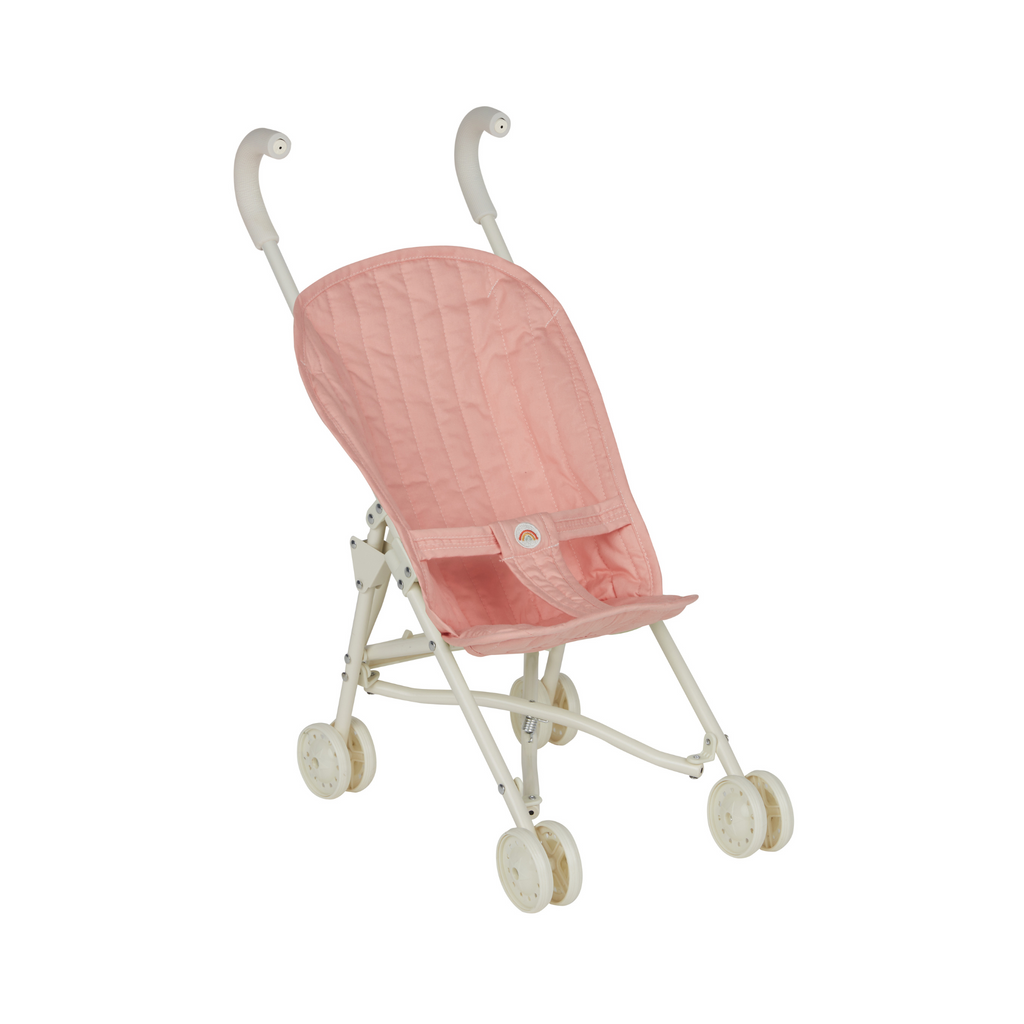 Front view of Olli Ella Sollie Stroller Rose – Lightweight doll stroller with quilted pink cotton seat and foldable metal frame.