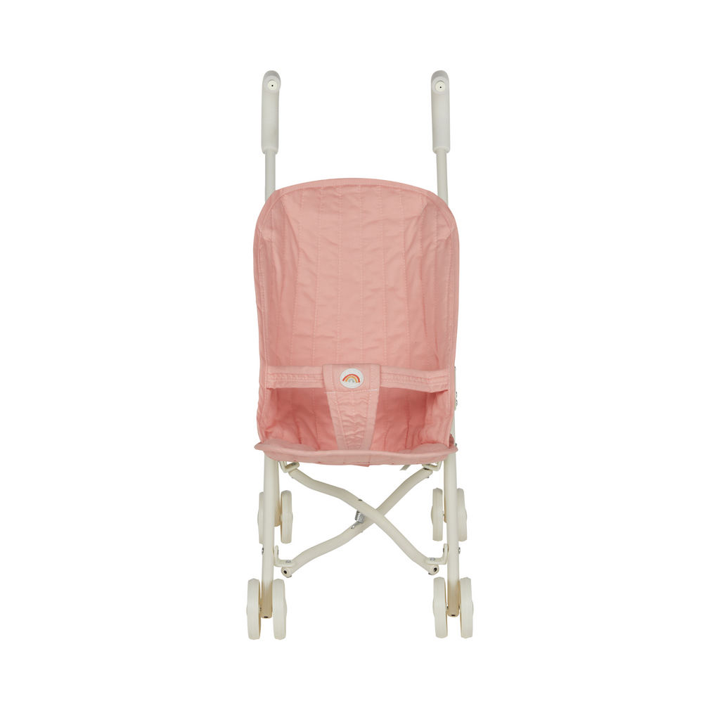 Front view of Olli Ella Sollie Stroller Rose – Lightweight doll stroller with quilted pink cotton seat and foldable metal frame.