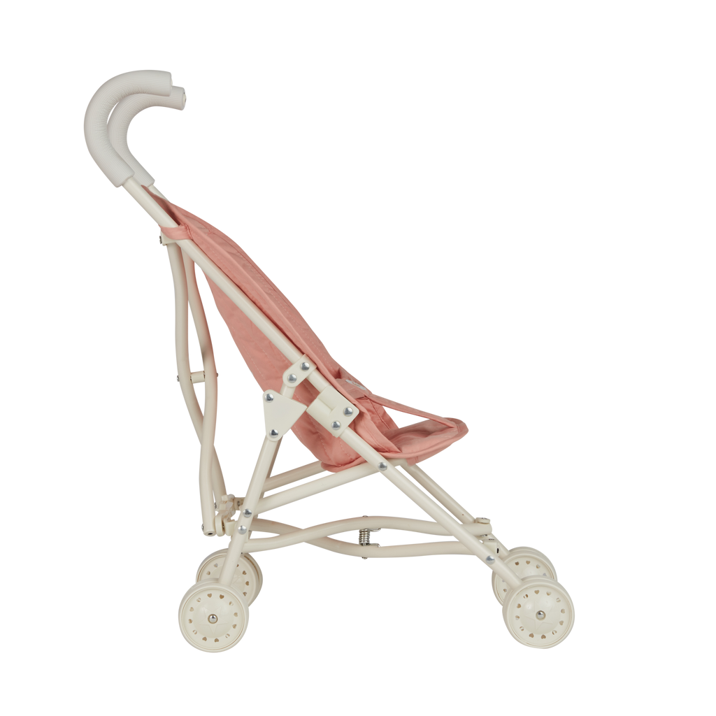 Side profile of Sollie Stroller Rose – Compact design with safety latch, pink quilted seat, and sturdy wheels.
