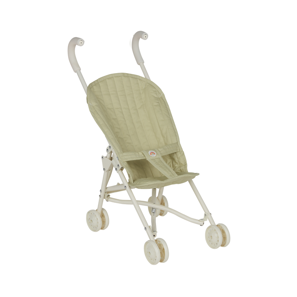 Side profile of Sollie Stroller Sage – Compact design with sturdy wheels and soft cotton quilted seat in sage green.