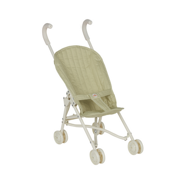 Side profile of Sollie Stroller Sage – Compact design with sturdy wheels and soft cotton quilted seat in sage green.