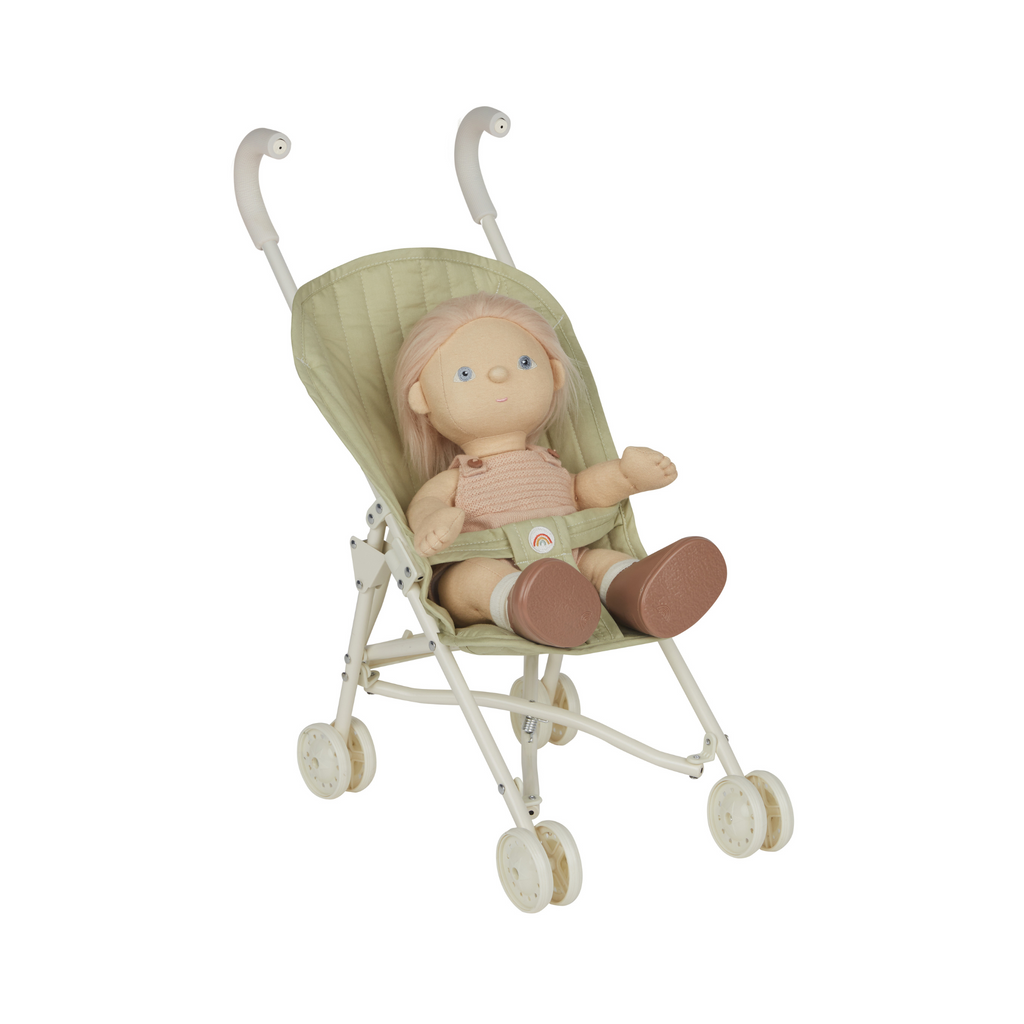 Doll sitting in Sollie Stroller Sage – Plush Dinkum Doll seated comfortably in the sage green quilted stroller.