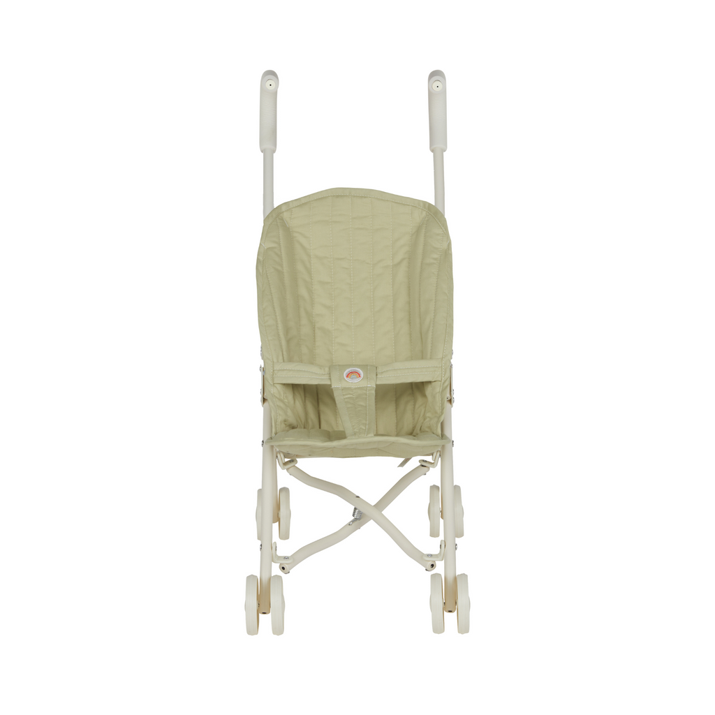 Front view of Olli Ella Sollie Stroller in Sage – Foldable metal frame doll stroller with quilted sage green cotton seat.