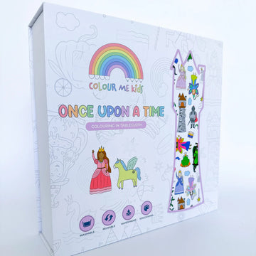 Boxed Once Upon a Time colouring-in tablecloth set by Colour Me Kids, featuring a fairy tale theme with castle, unicorn, rainbow, and magical creatures on the box design.
