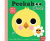 Book cover of 'Peekaboo Chick' with a yellow chick illustration on a green background.