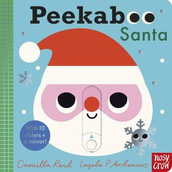Book cover of 'Peekaboo Santa' with a cartoon Santa Claus face and sliding panel design.