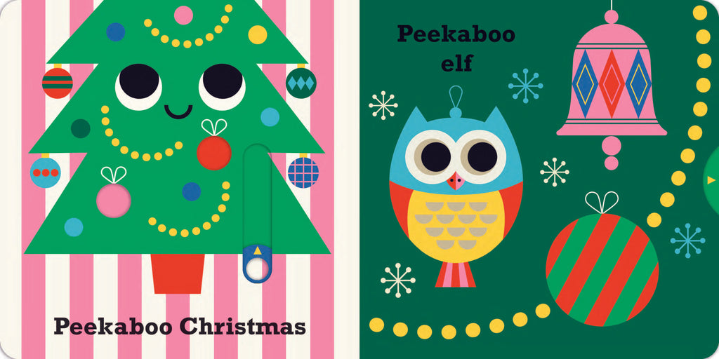 Two children's books titled 'Peekaboo Christmas' and 'Peekaboo Elf' with festive illustrations on green backgrounds.
