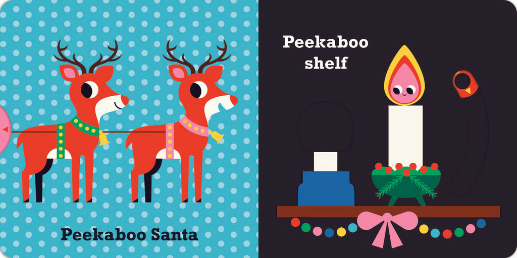 Two children's books with illustrations of reindeer and a candle on a shelf.