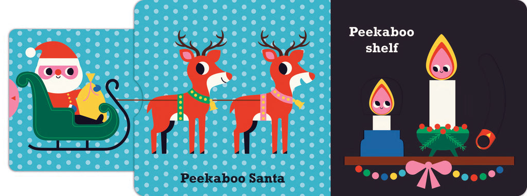 Set of children's cards featuring Santa Claus, reindeer, and candles on a black background.