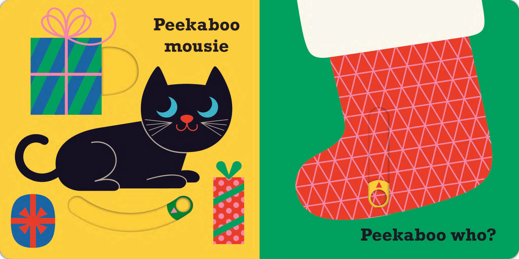 Children's book cover with a black cat, gift box, and red stocking on a yellow and green background.
