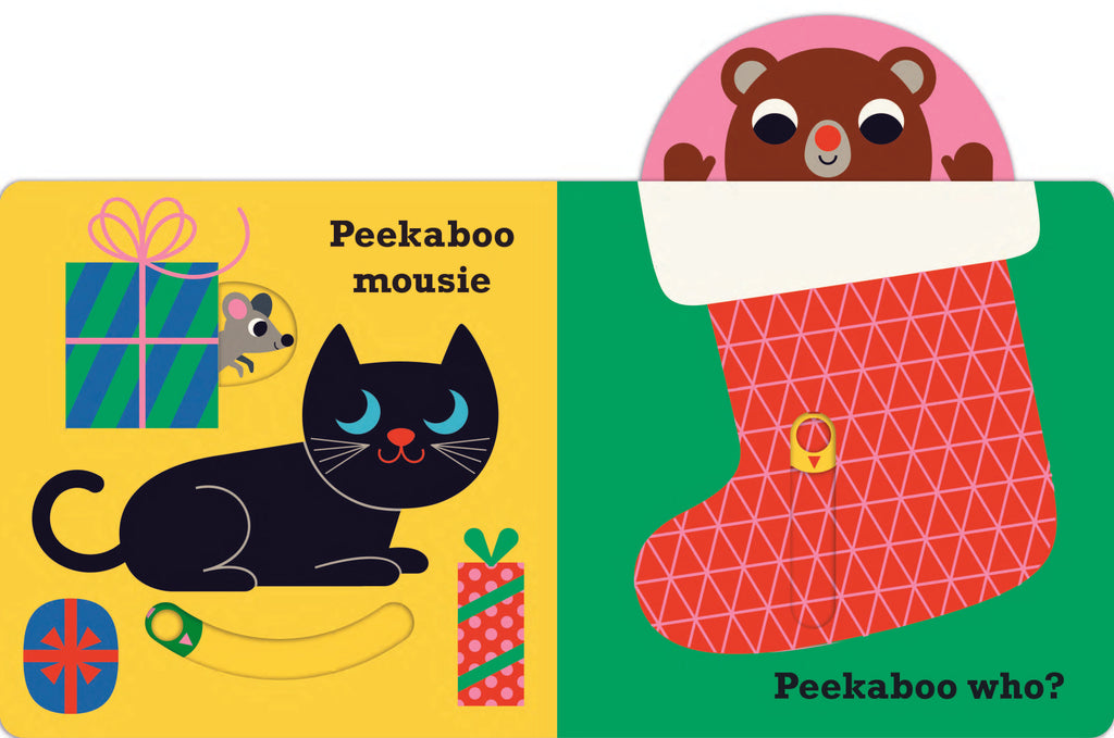 Children's book page with a cat, mouse, and red stocking on a yellow and green background