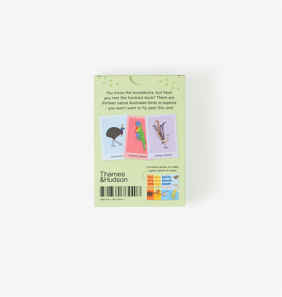 Quack, Flap, SNAP! card game featuring 13 native Australian birds, including the cassowary, kookaburra, and rainbow lorikeet, with vibrant designs and large cards for little hands.